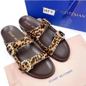 Stuart Weitzman Piper Slide Sandals Pearly Buckle Cream Cheetah Cal Hair Sz 10.5